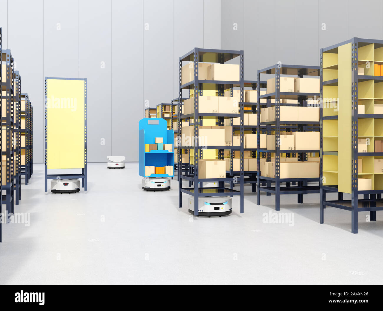 Autonome Mobile Roboter Bereitstellung von Regalen in Distribution Center. Intelligente Logistik Center Konzept. 3D-Bild. Stockfoto