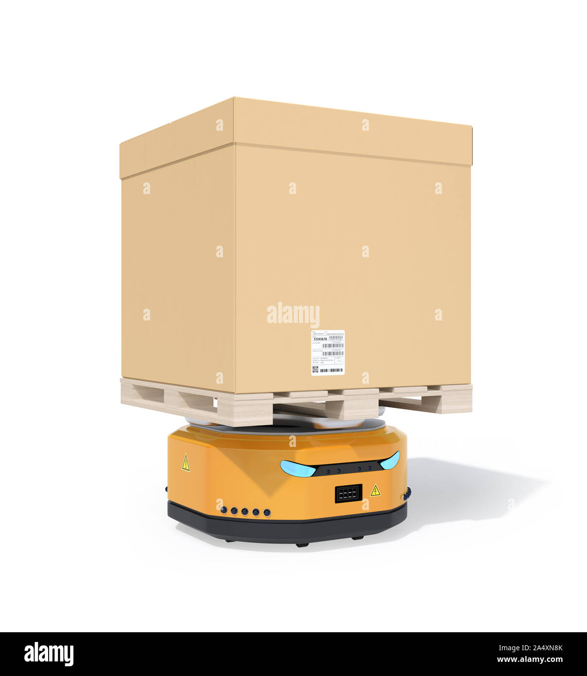 Autonomer mobiler Roboter, die Palette von Karton auf weißem Hintergrund. 3D-Bild. Stockfoto