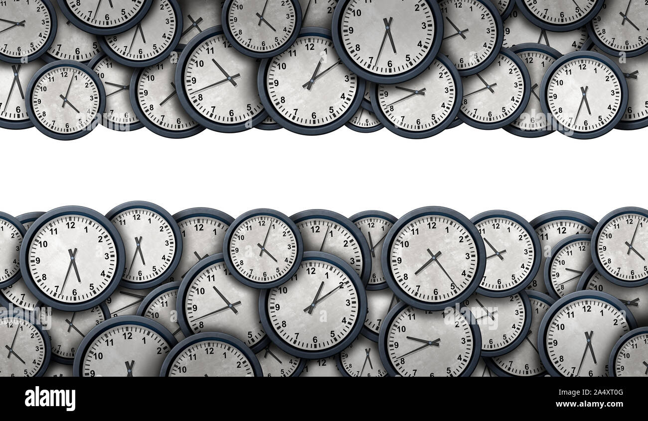 Zeit grenzüberschreitende Planung und unternehmensinternen oder persönlichen Zeitplan Symbol als eine Gruppe von Uhren oder Objekte in eine horizontale Komposition. Stockfoto