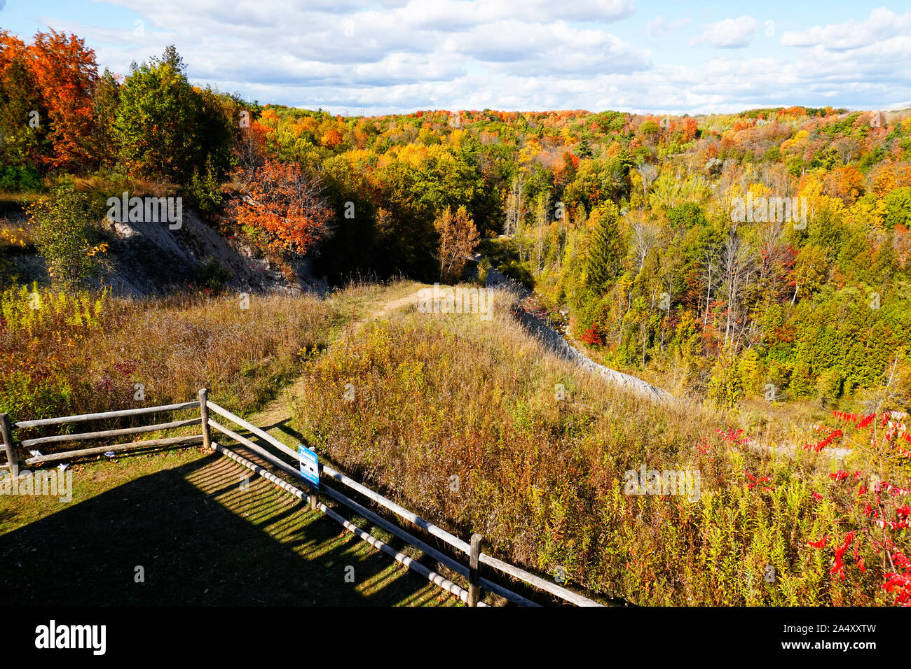 Panorama Ausblick Blick auf brillante Farben des Herbstes in Rouge nationalen städtischen Park, Toronto, Ontario, Kanada Stockfoto