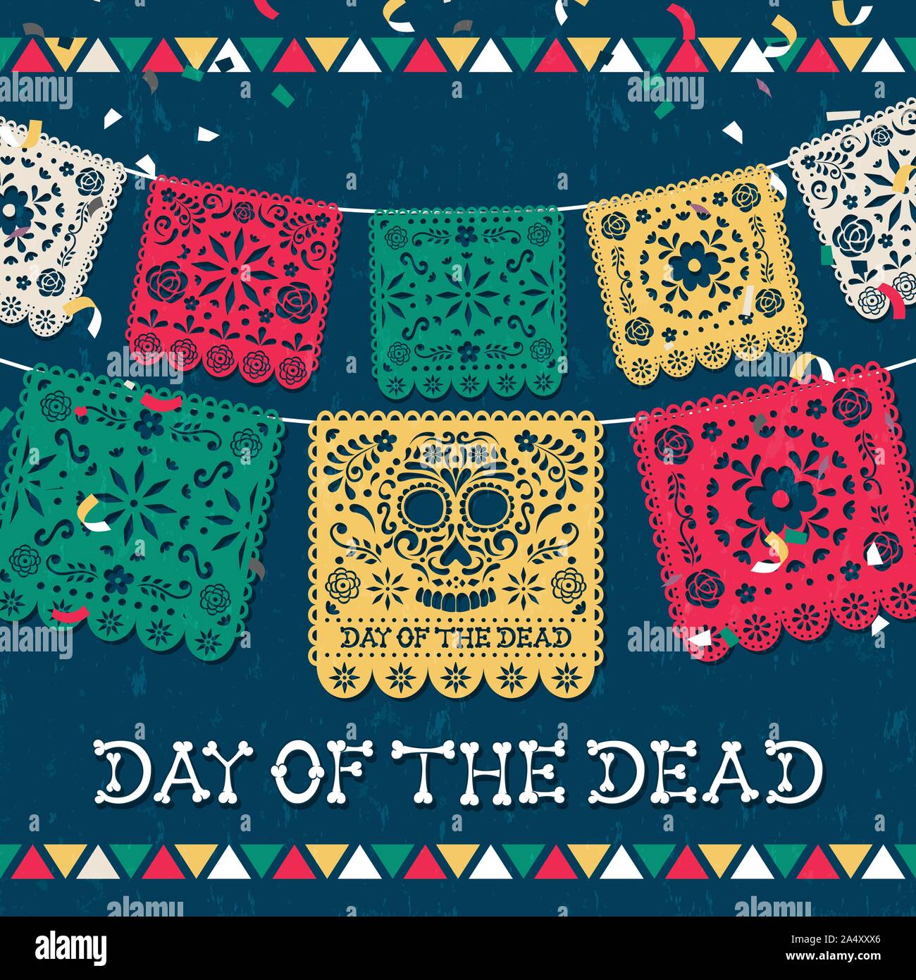 Tag der Toten Grußkarte für mexikanische Feier, traditionelle Mexiko papercut banner Dekoration mit bunten Totenköpfen und Party Konfetti. Stock Vektor