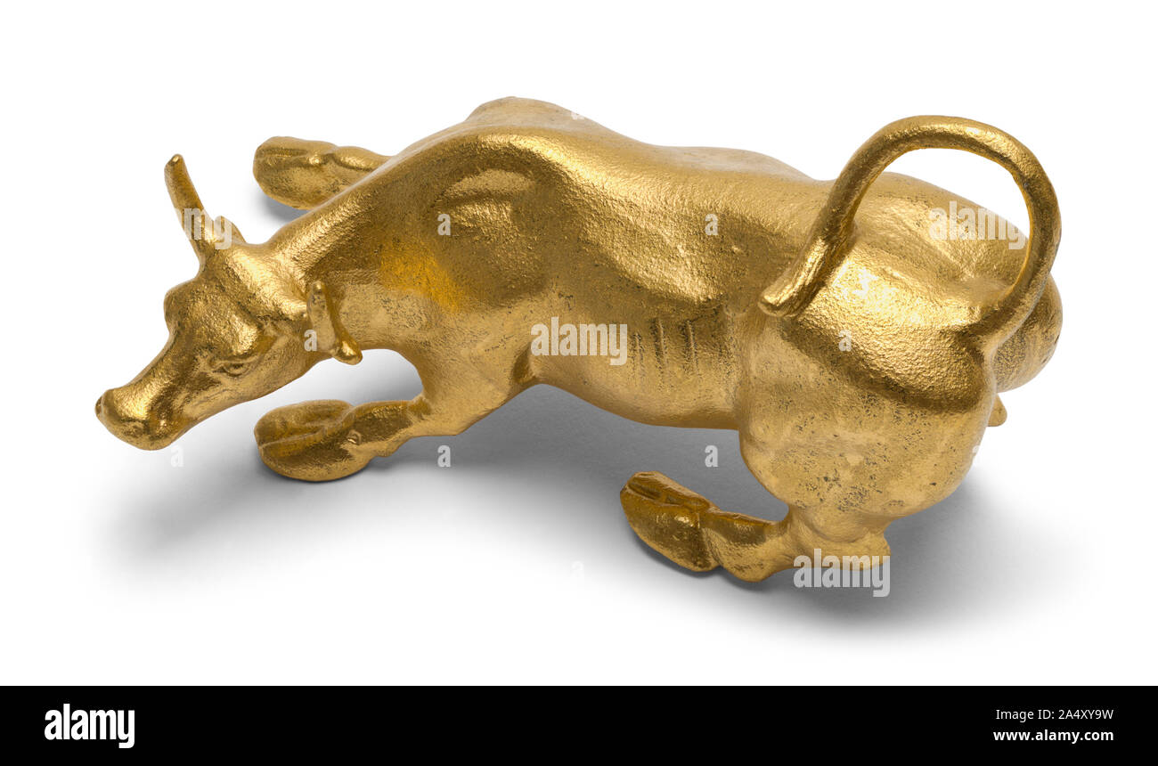 Goldene Bulle Statue Top View isoliert auf weißem Hintergrund. Stockfoto