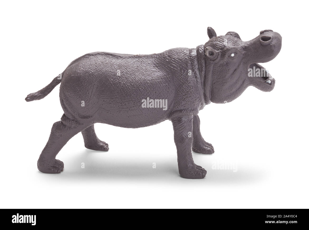 Grauer Kunststoff Spielzeug Hippo isoliert auf weißem Hintergrund. Stockfoto