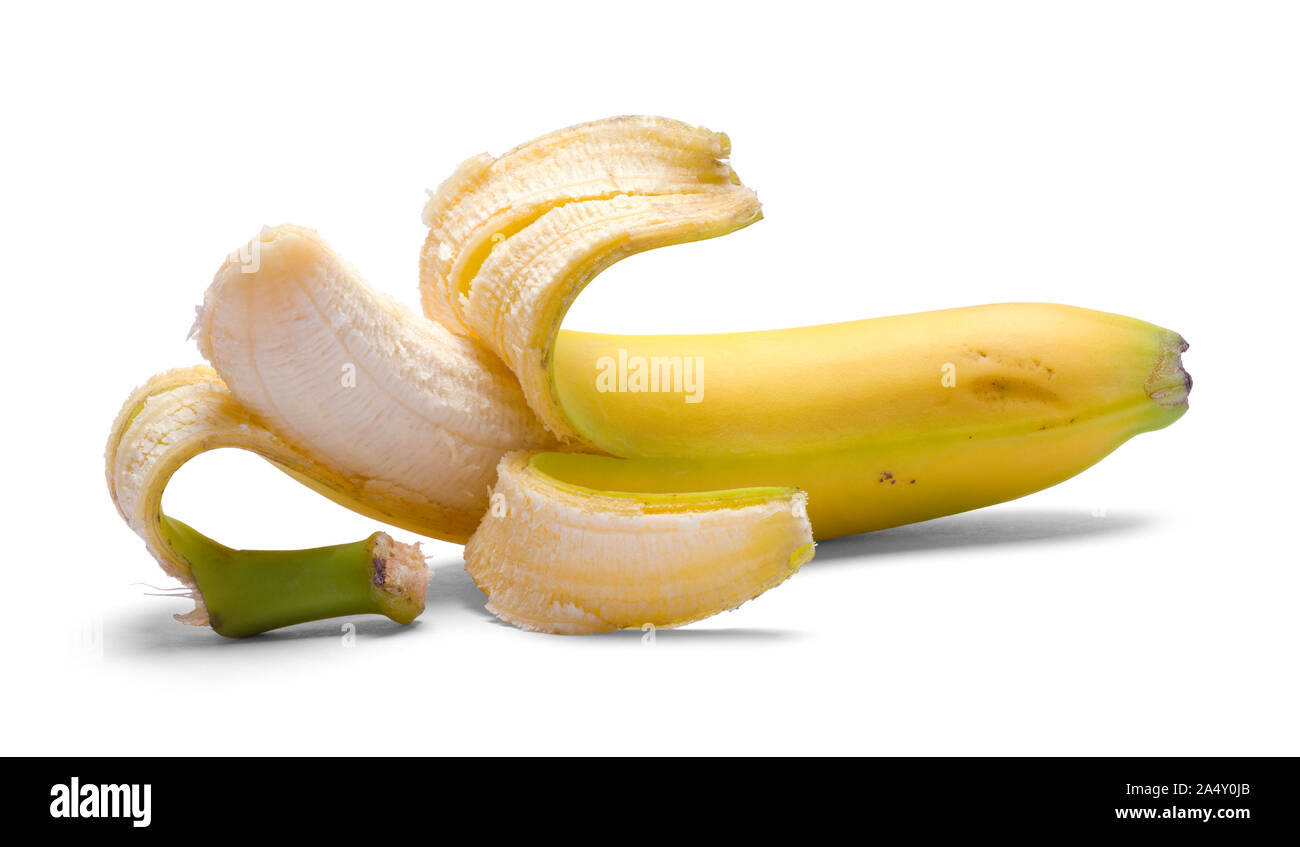 Geöffnet Banane isoliert auf einem weißen Hintergrund. Stockfoto