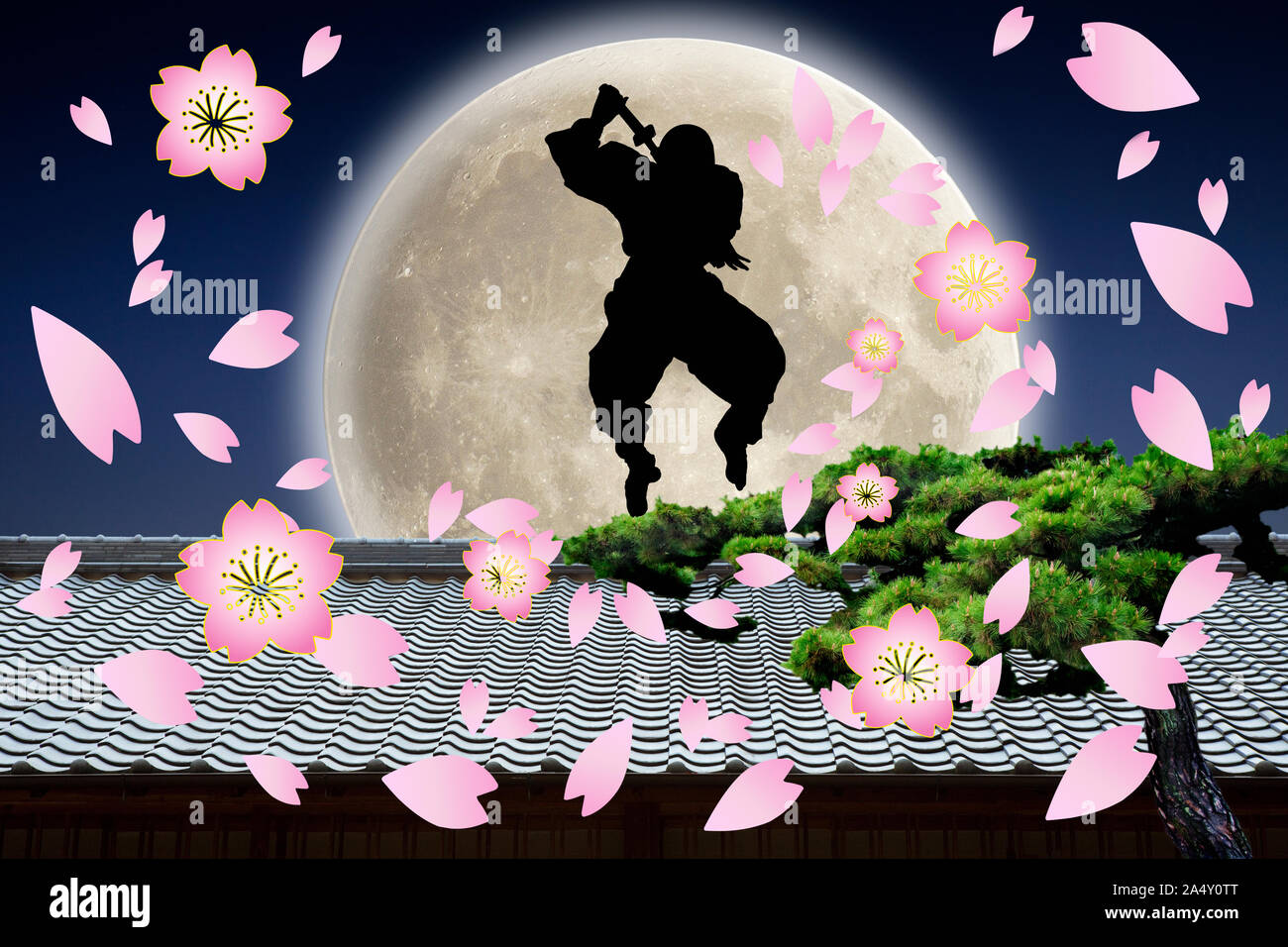 Ninja Silhouette und Cherry Schneesturm Stockfoto