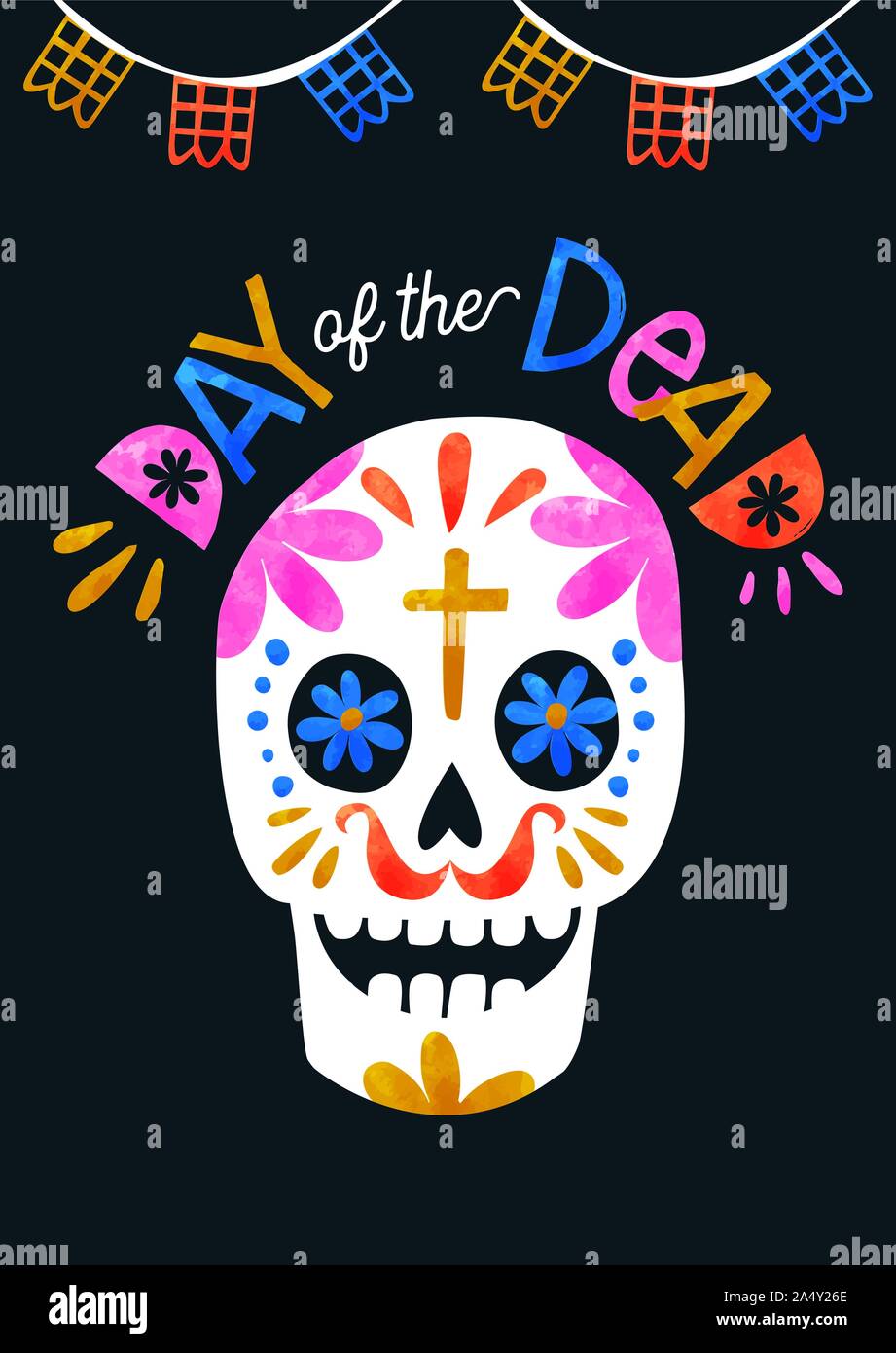 Tag der Toten Grußkarte, farbenfrohen Aquarell Sugar Skull mit traditionellen mexikanischen Dekoration. Stock Vektor
