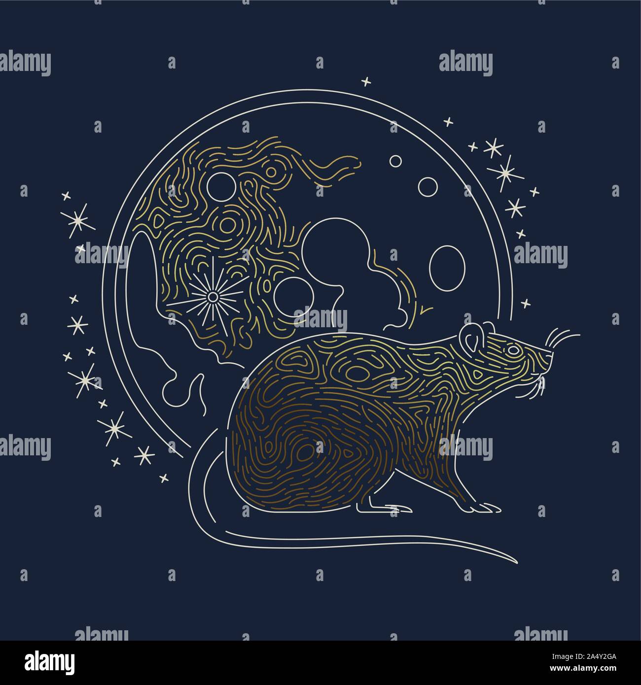 Ratte Tier Abbildung mit Luxus gold Mond in modernen Umrisse Stil. Astrologie Design für das chinesische Neujahr oder Horoskop Konzept. Stock Vektor
