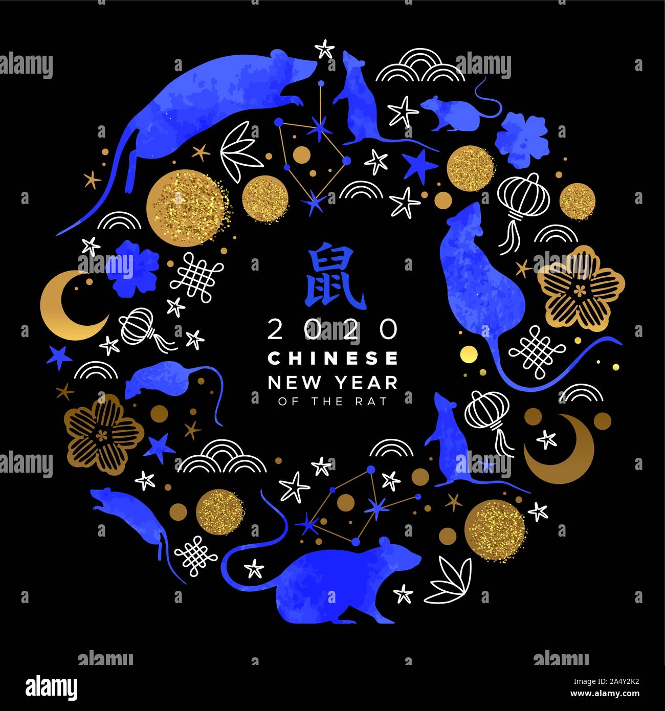 Chinesisches Neujahr 2020 Grußkarte blau Aquarell maus Tiere, Astrologie Symbole und traditionellen Gold asiatischer Hand gezeichnet Symbol Kreis Rahmen. Calli Stock Vektor