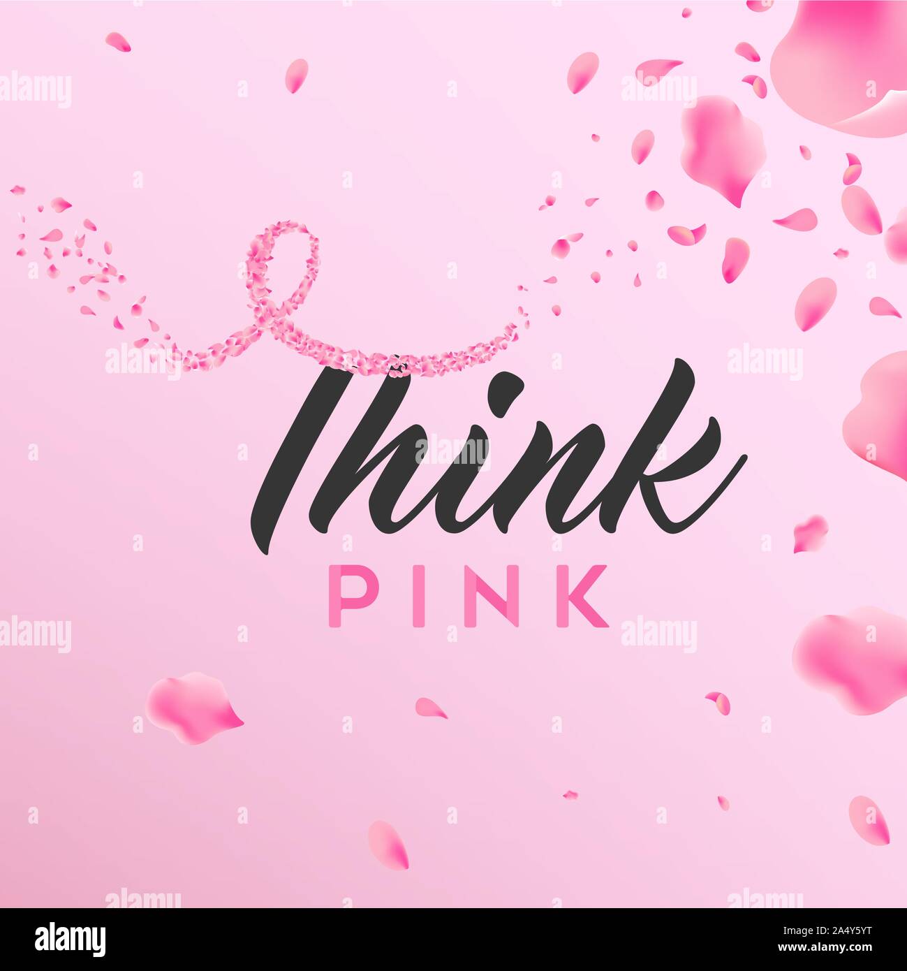 Brustkrebs-bewußtsein Monat floral Illustration, think pink Text Kalligraphie Nachricht und Farbband Form von rose Blumenblätter für Gesundheit Kampagne Stock Vektor