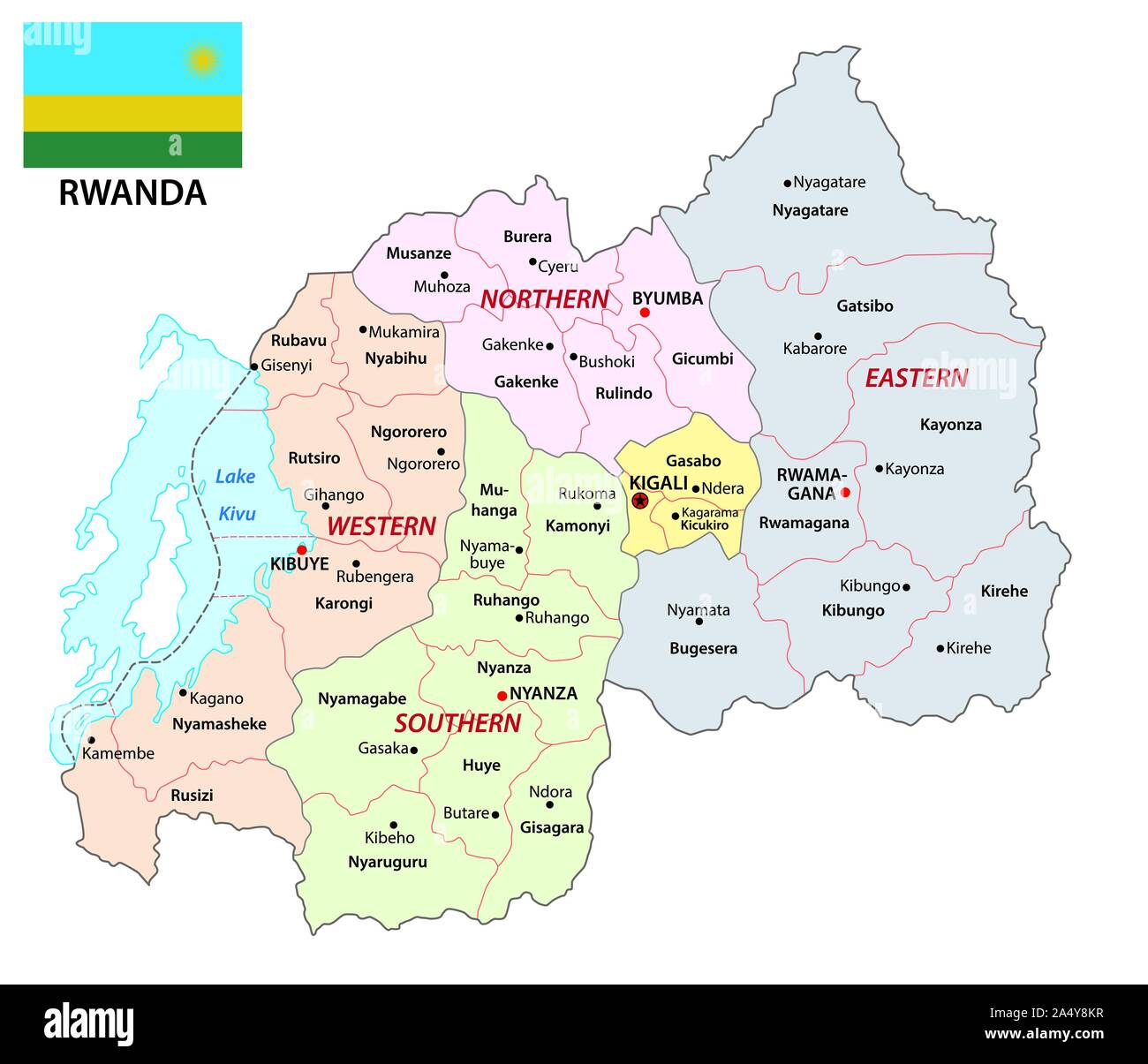 Administrative Karte der afrikanischen Staat Republik Ruanda mit Fahne Stock Vektor