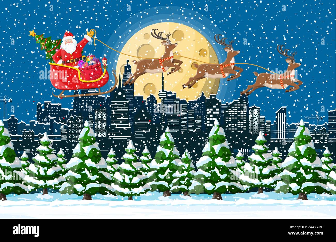 Santa claus Fahrten rentier Schlitten. Weihnachten Winter Stadtbild, Schneeflocken, Gebäude. Frohes neues Jahr Dekoration. Frohe Weihnachten Urlaub. Neues Jahr und Weihnachten feiern. Vector Illustration Flat Style Stock Vektor