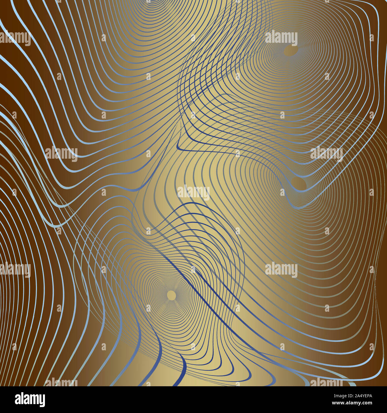 Kontur konzentrischen verzerrt gestreifte Kreisen aus Wellenlinien auf goldenen Verlaufshintergrund - Abstrakte Digitale erzeugt Hintergrund, Raster illustratio Stockfoto
