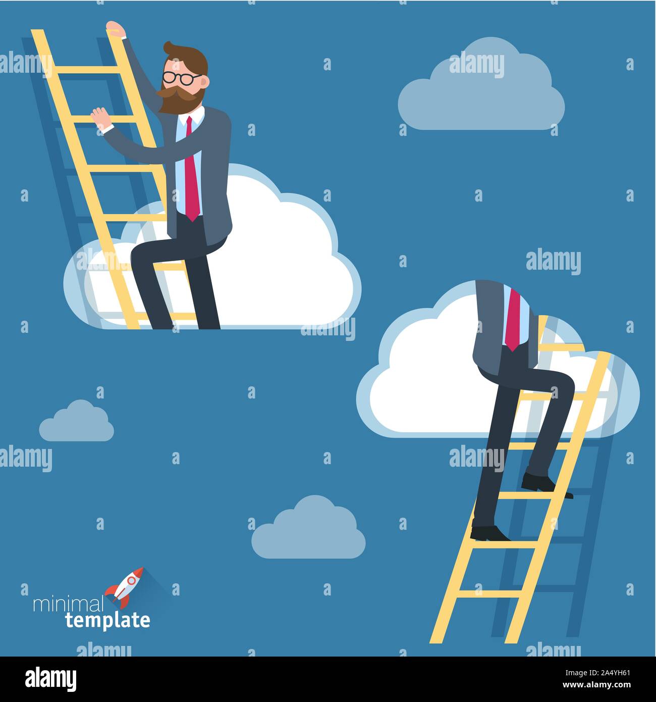 Man Klettern durch Wolken im Himmel. Stock Vektor