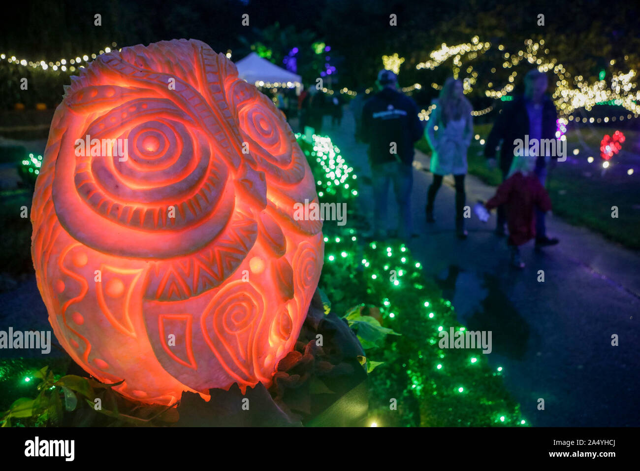 Vancouver, Kanada. 16 Okt, 2019. Leute schauen auf einen geschnitzten Kürbis Halloween während der Teilnahme an der Veranstaltung unter dem Motto "Glühen in den Garten' an VanDusen Garten in Vancouver, Kanada, 16. Okt., 2019. Credit: Liang Sen/Xinhua/Alamy leben Nachrichten Stockfoto