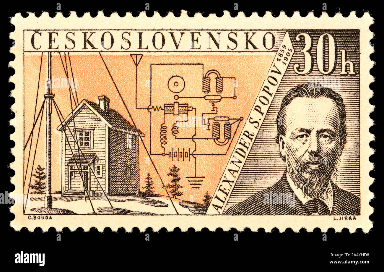Tschechische Briefmarke (1959): "Radioinventors'-Serie. Alexander Stepanovich Popov (1859-1905), russischer Physiker, einer der ersten Menschen zu erfinden... Stockfoto