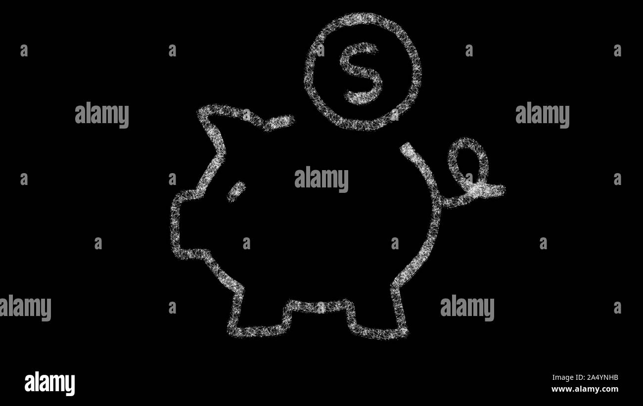 Piggy Bank Symbol mit Zeichnung Stil auf Tafel entworfen, animierte Material ideal für Compositing und motiongrafics, 4 k Stockfoto
