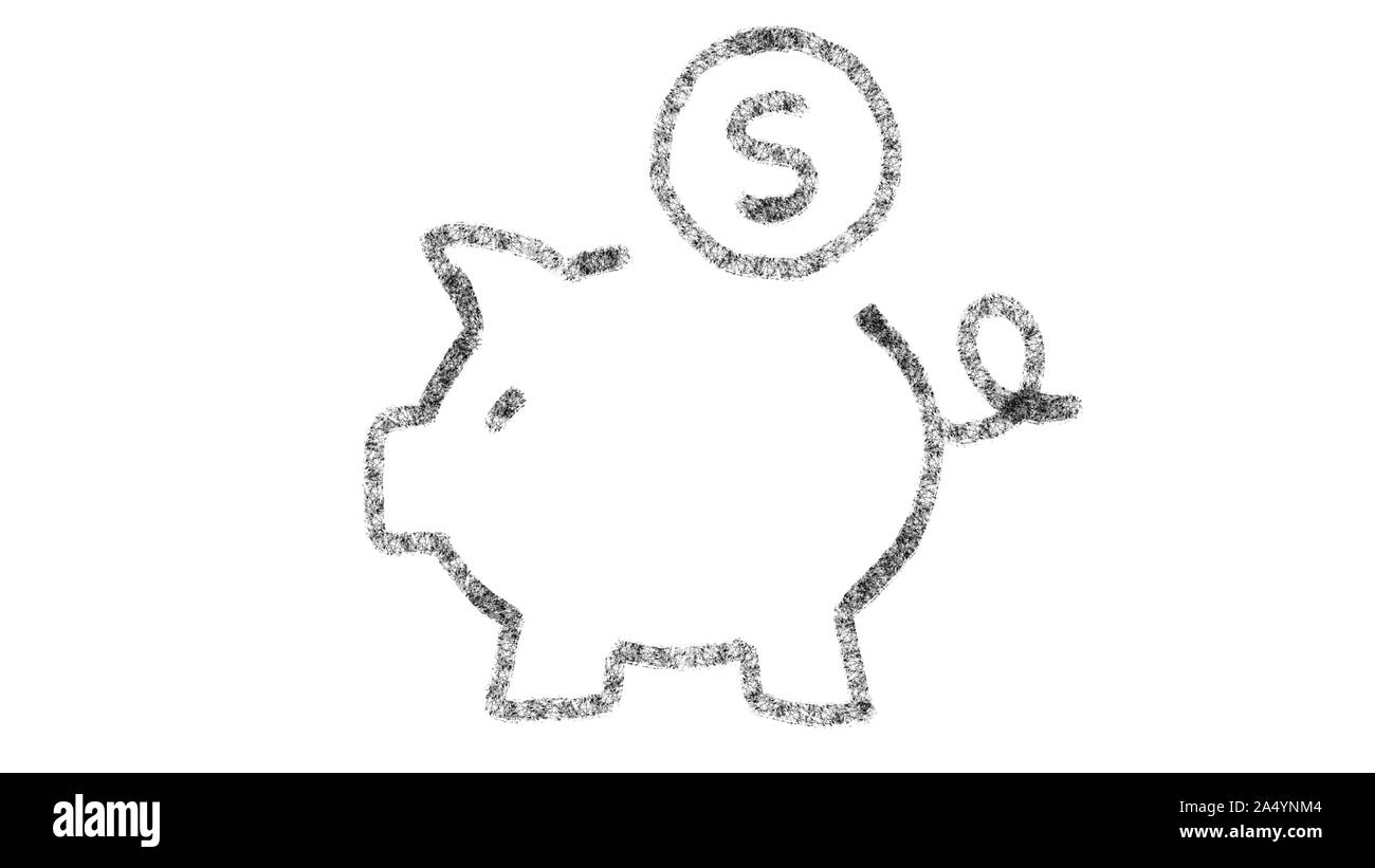 Piggy Bank Symbol mit Zeichnung Stil auf Tafel entworfen, animierte Material ideal für Compositing und motiongrafics, 4 k Stockfoto