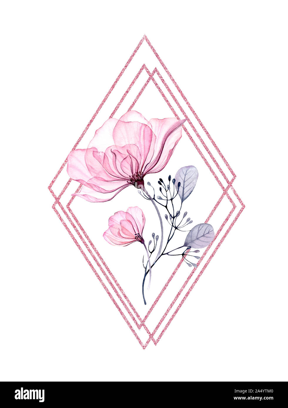 Aquarell Transparent Rose Raute Rahmen mit rosa glitter. Vertikale Anordnung mit großen Blüten, Blätter und glänzende Folie. Handgemalten floralen Stockfoto