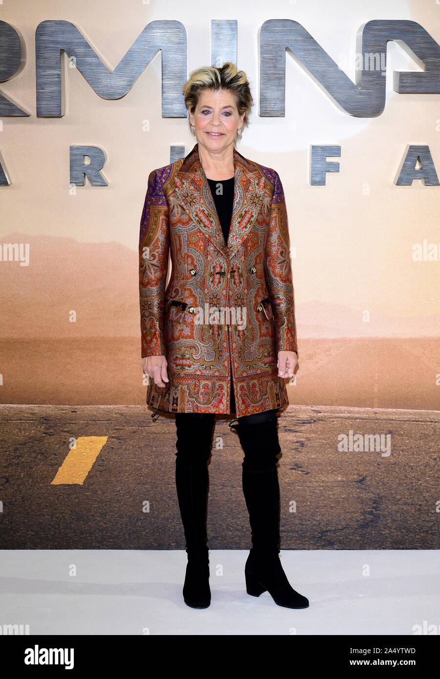 Linda Hamilton ankommen für den Terminator: dunkles Schicksal photocall im Mandarin Oriental Hotel, London statt. Stockfoto