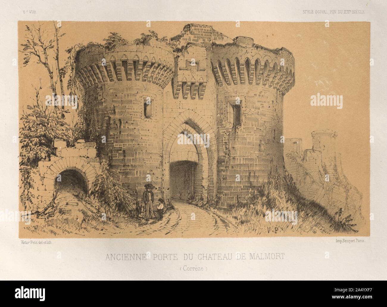 Architektur Pittoresque ou Denkmäler des xveme. Et xvieme. Siecles: Chateaux de France des XV Siecles et XVI: PL.6, Ancienne Porte du Chateau De Malmort (Corrèze), 1860. Stockfoto