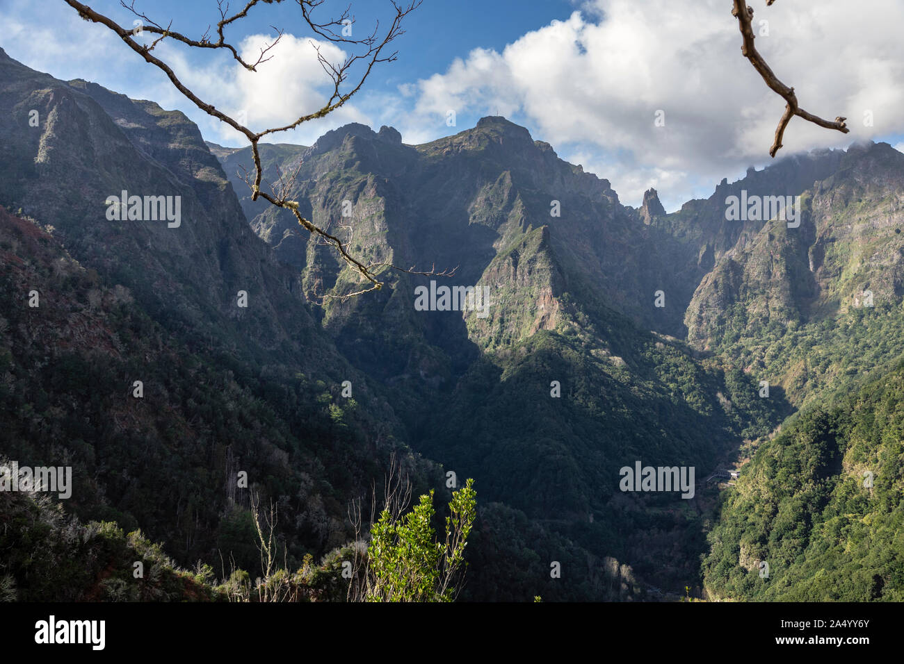 Blick auf das Tal des Ribeira da Metade vom Balcões Aussichtspunkt, Ribeiro Frio, Madeira Stockfoto