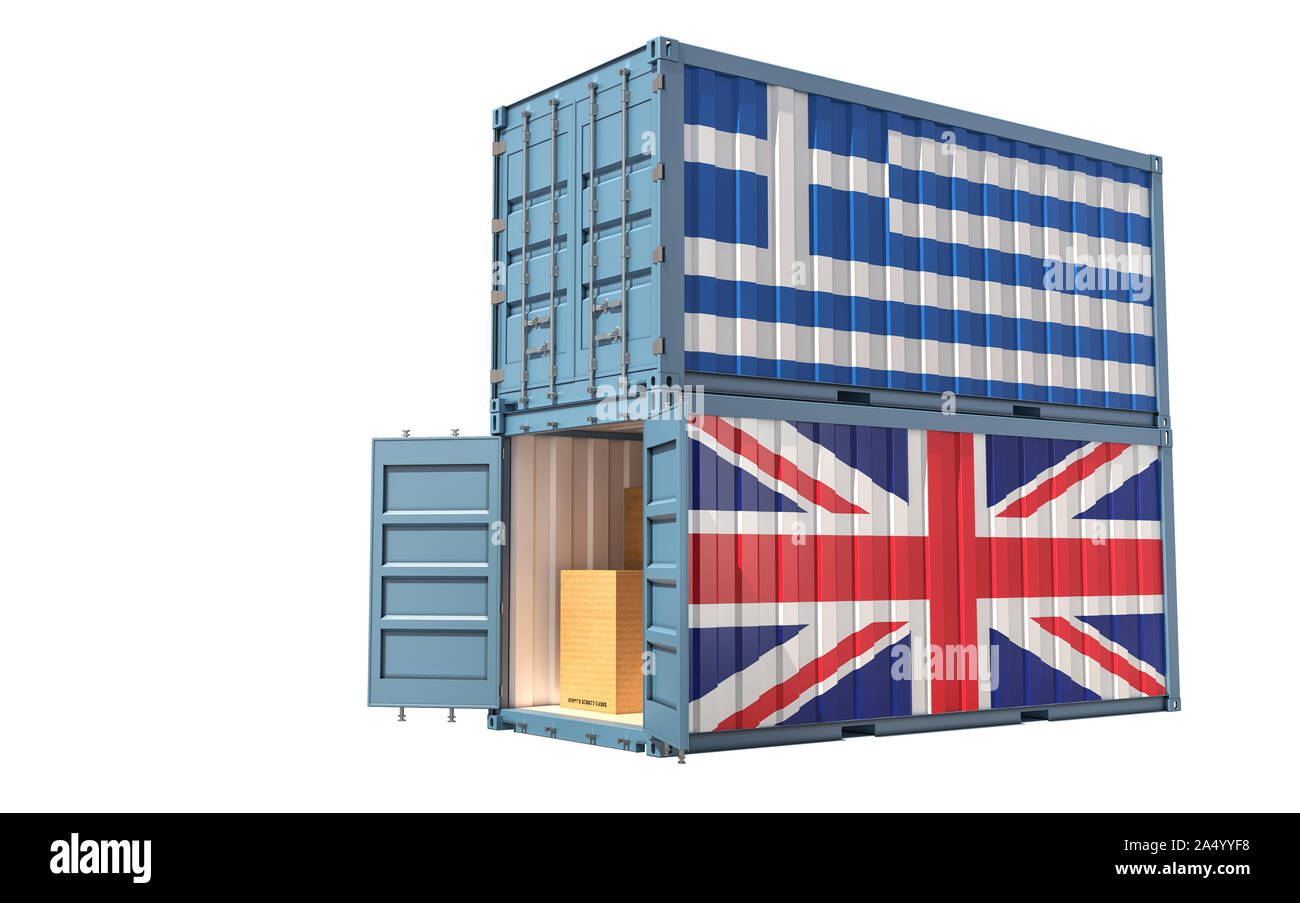 Zwei Frachtcontainer mit Großbritannien und Griechenland Flagge. 3D-Rendering Stockfoto