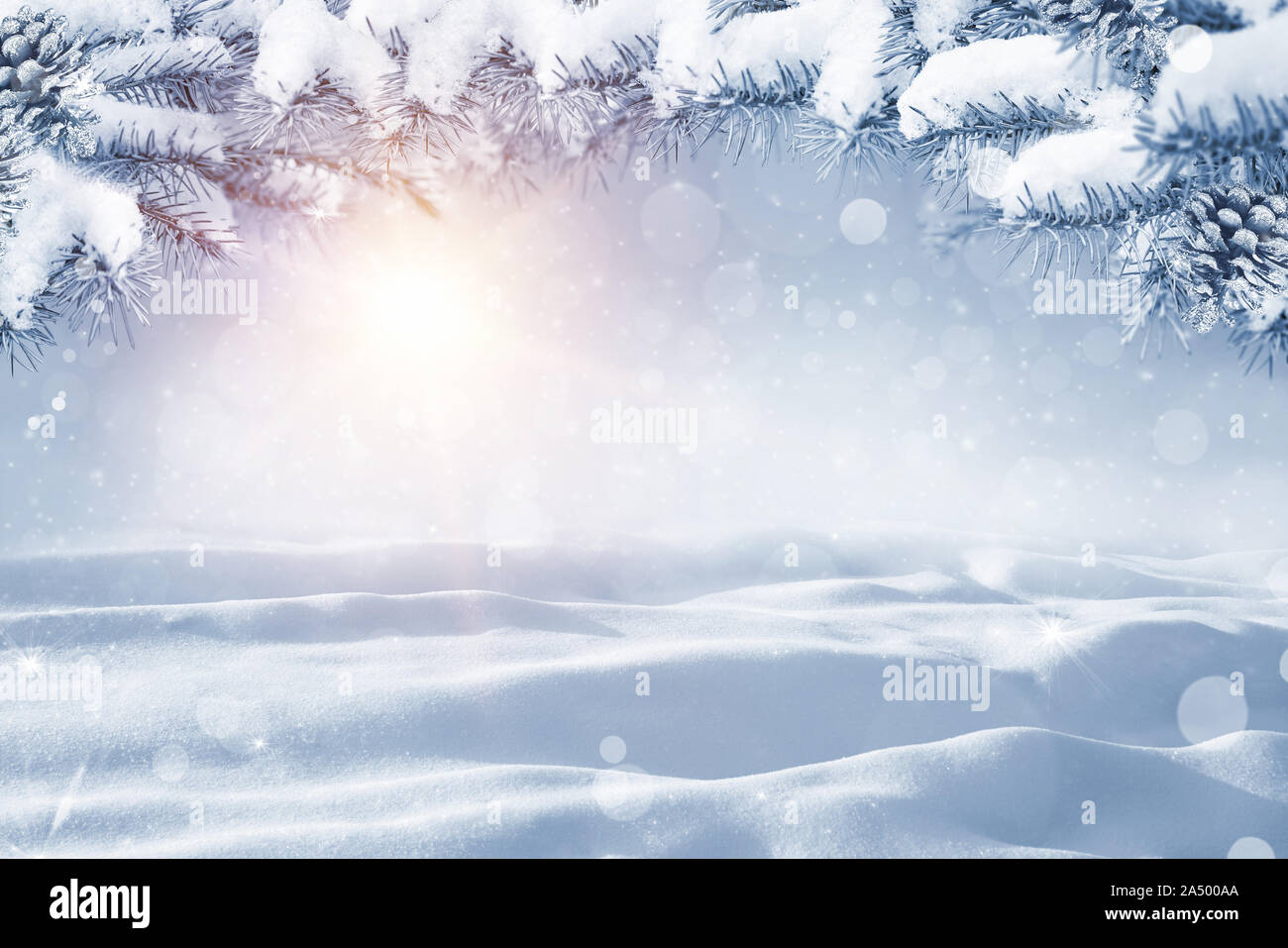 Winter Weihnachten malerischen Hintergrund mit kopieren. Morgen Schnee Landschaft mit Weihnachten Filialen schliessen mit Schnee bedeckt, Sonnenlicht, schneeverwehungen Stockfoto