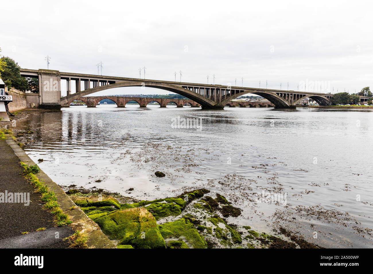 Die Royal Tweed Bridge und die Alte Brücke über den Fluss Tweed in Berwick Upon Tweed, Berwick upon Tweed, Northumberland, Großbritannien, Brücke, Brücken Stockfoto