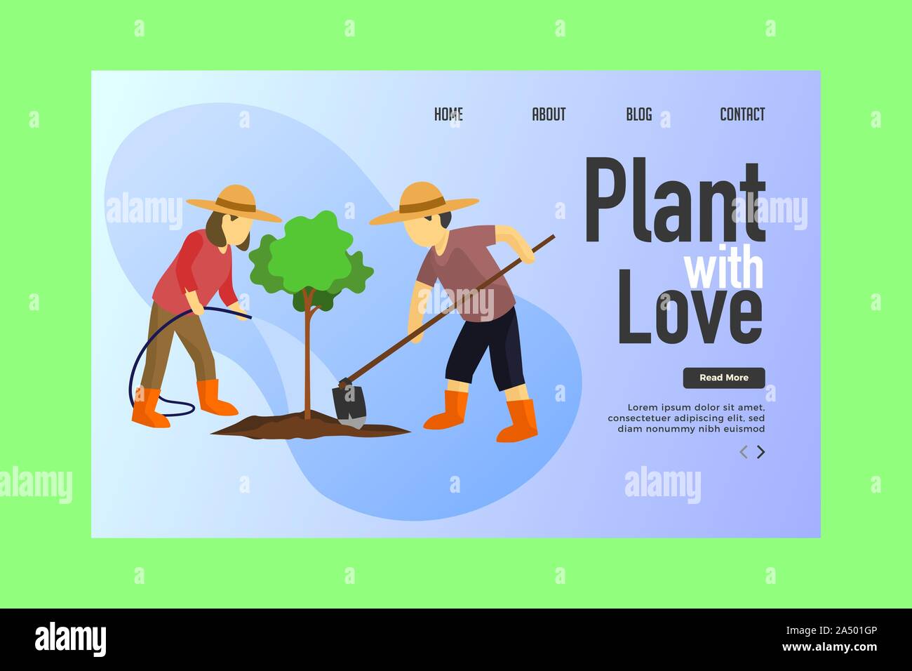 Menschen Pflanze Baum Landing Page. Männer und Frauen Pflanze Baum Vector Illustration. Stock Vektor
