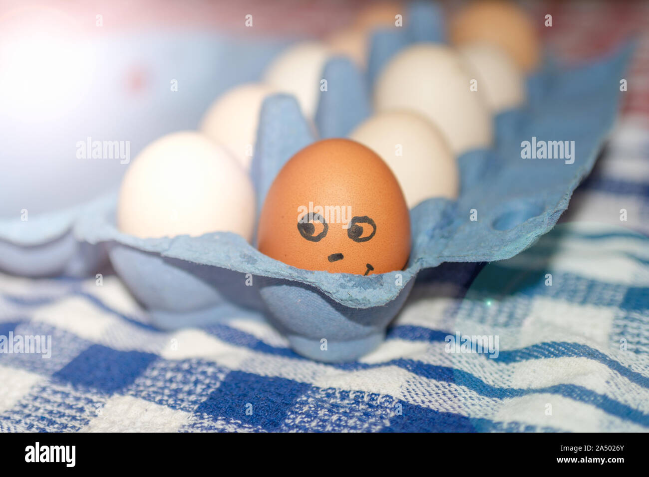 Weißes huhn eier in einem offenen Karton, lustig, eine von zehn Eier, Braun.. Stockfoto