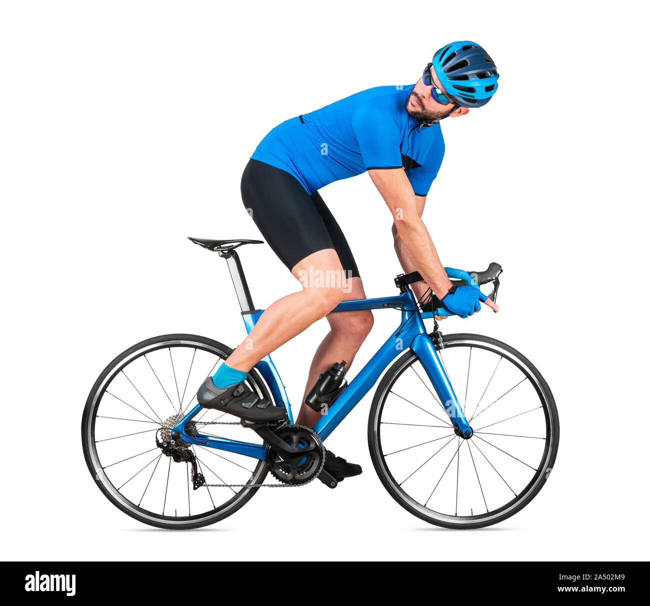 Professionelle Fahrrad road racing Radfahrer racer Blau Sport Jersey auf Light Carbon race zurück schauen hinter. sport training Radfahren Konzept isolat Stockfoto