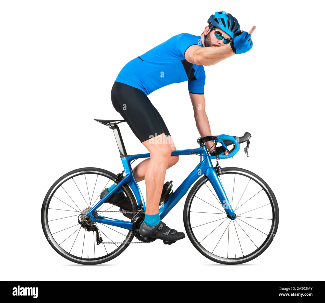 Wütend professionelle Fahrrad road racing Radfahrer racer Blau Sport Jersey auf Light Carbon race zeigt seine Wut Gefühle Mittelfinger. sport Trainin Stockfoto