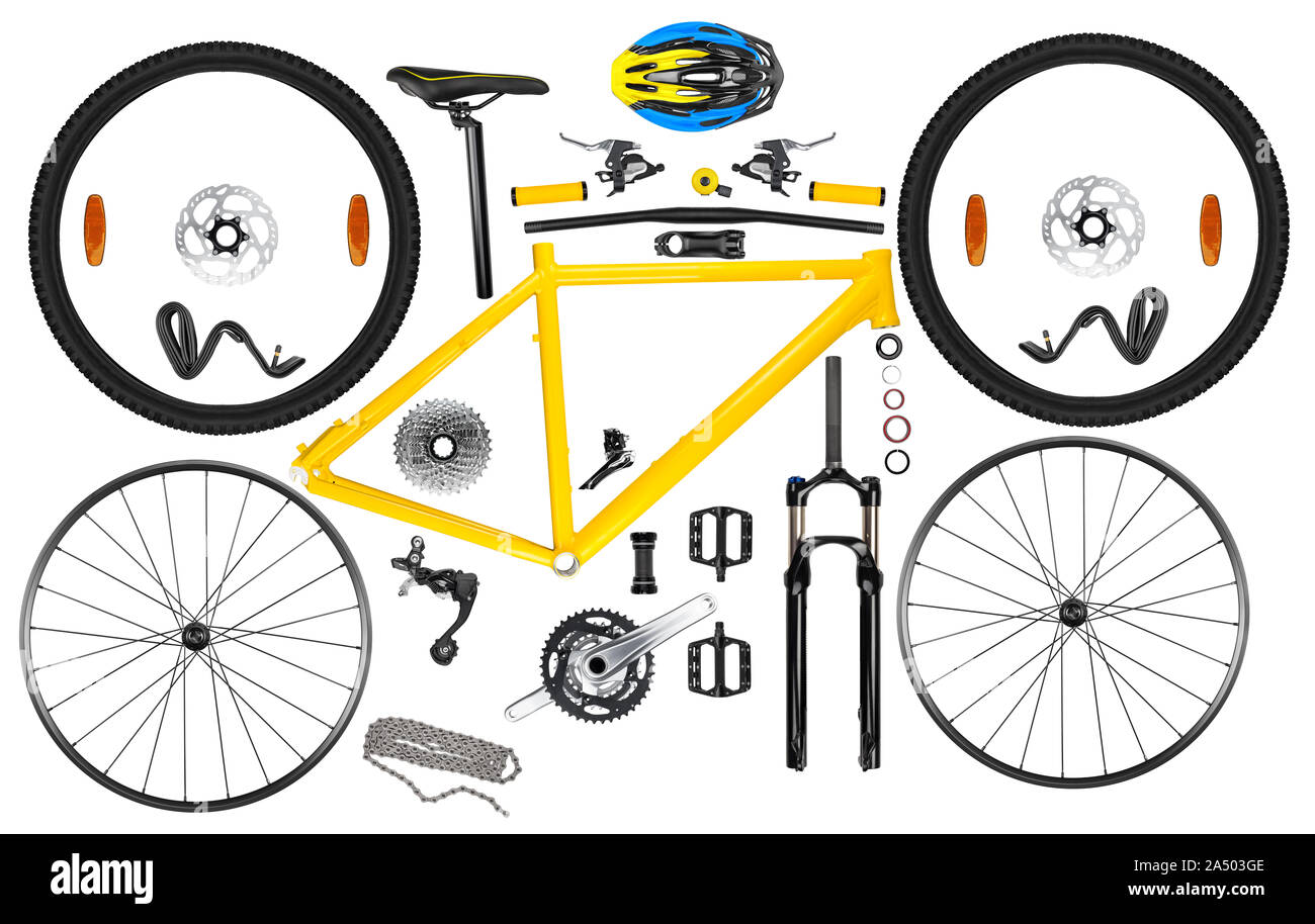 Alle Einzelteile Komponenten der gelb schwarz moderne Aluminium Mountainbike mtb Offroad sport fahrrad auf weißem Hintergrund Stockfoto