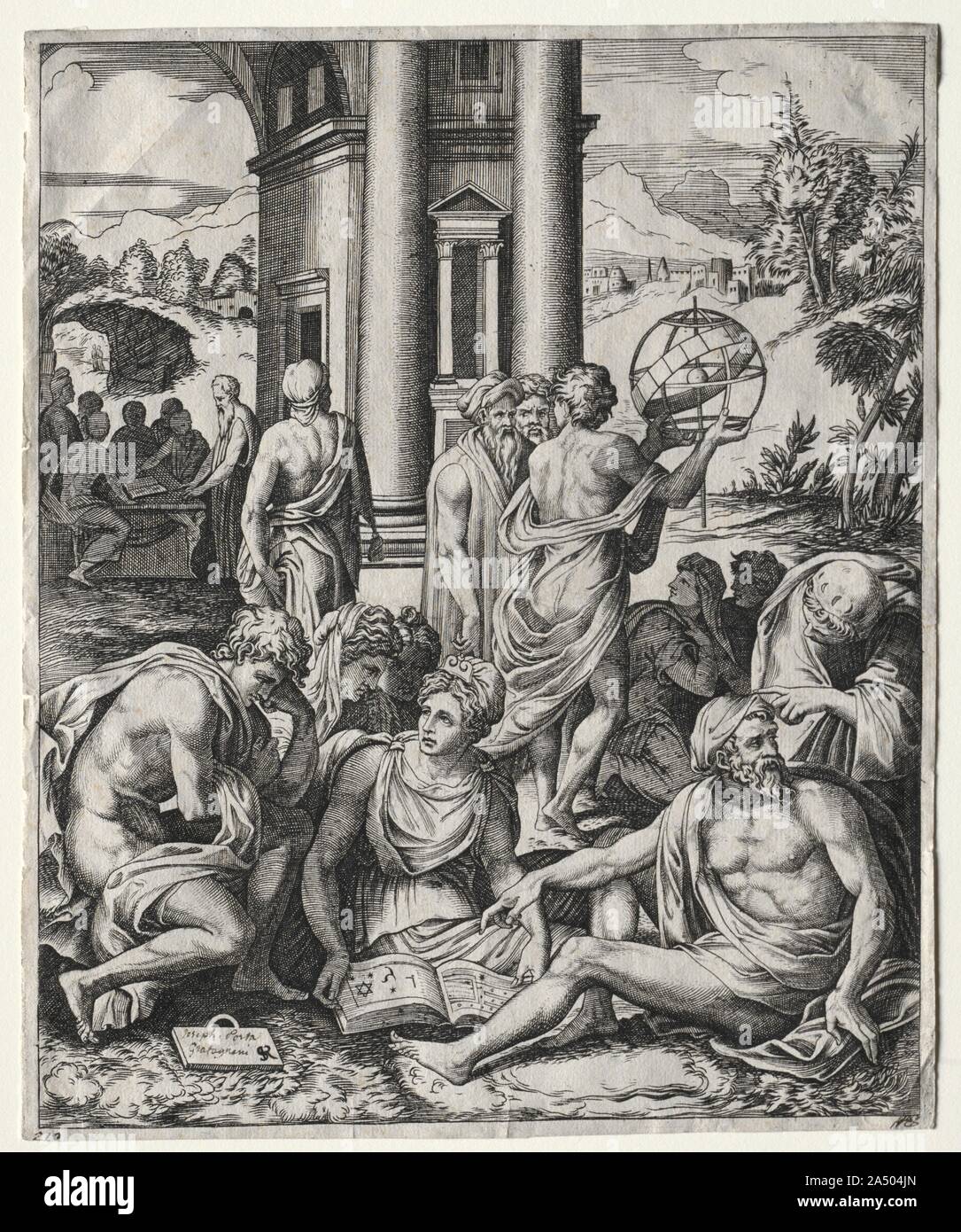 Eine Versammlung von Gelehrten, C. 1515/1527. In dieser imaginären, idyllische Reich, klassischen Philosophen und Gelehrten zu sammeln, zu lehren und zu lernen. Die Männer und Frauen in den Vordergrund untersuchen, ein Buch der astrologischen Zeichen. Hinter ihnen, eine zweite Gruppe Studien eine Armillarsphäre, ein Himmelsglobus in der Antike, dass ein Symbol des Wissens wurde während der Renaissance erfunden. Ein holzschnitt Version dieser Szene erschien wie eine Illustration im wahrsagen Buch Garten von Gedanken, in Venedig im Jahre 1540 veröffentlicht. In diesem Zusammenhang hat die Gruppe von drei Frauen in den Vordergrund, wie die drei Schicksale gesehen werden, Stockfoto