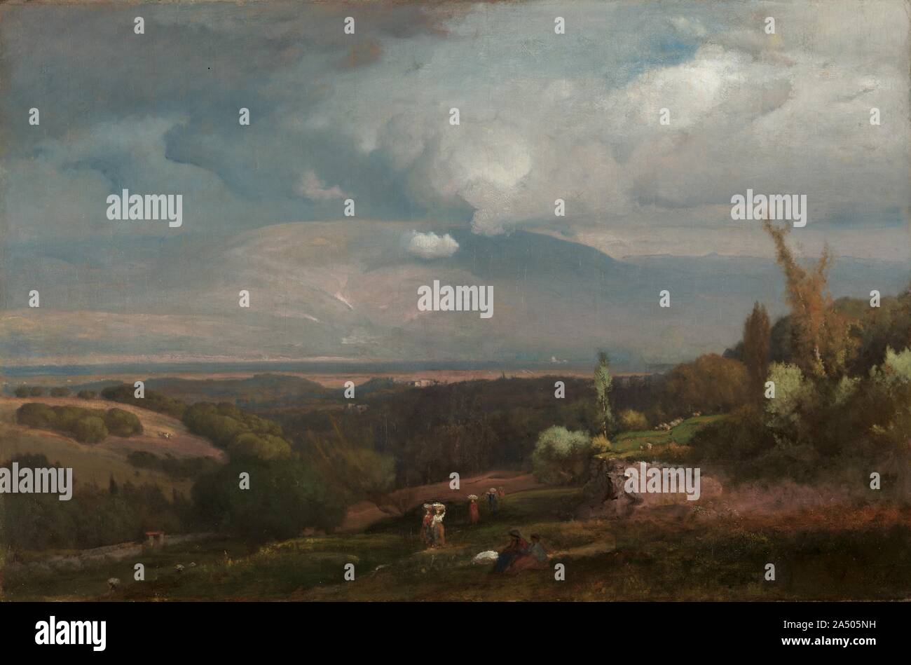 Approaching Storm aus den Albaner Bergen, 1871. Inness begann seine Karriere Ausführung Detaillierte, realistische Landschaften im Stil ähnlich wie andere Künstler der Hudson River School. Als er entwickelt, seine Arbeit wurde immer kostenlos, mystisch, und weit. Die vielleicht wichtigste Phase der inness's Karriere war ein Aufenthalt in Frankreich und Italien von 1870 bis 1874, während der er die Dichtheit seiner frühen Stil und ausgeführt, einige seiner schönsten Werke. Dieser herrlichen Landschaft von einem Sturm nähert sich die Albaner Berge, in der Nähe von Rom, zeigt Inness an seinem besten. Seinem Verständnis für die Art und Weise, wie Licht fitfull Stockfoto