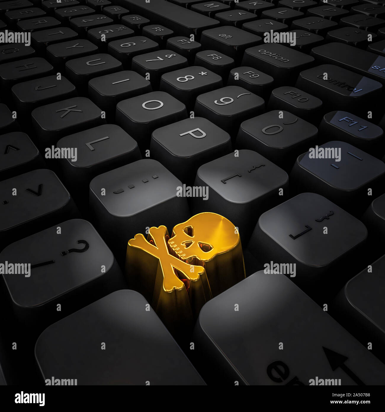 Schädel computer Tastatur-/3D-Abbildung: online internet Kriminalität, Sicherheit und Hacking Konzept Stockfoto