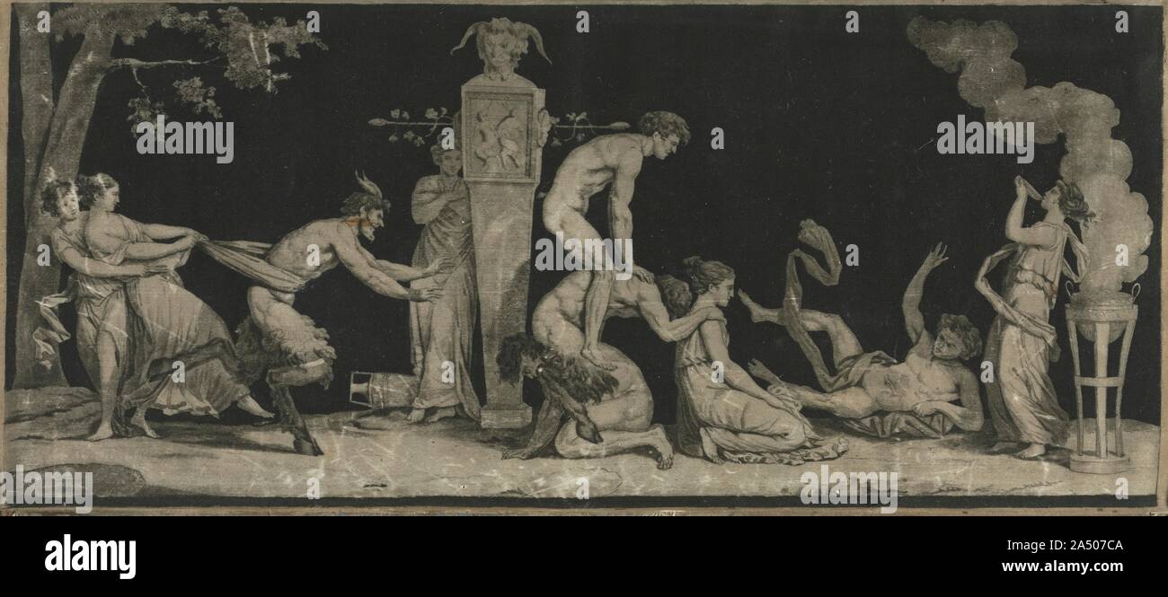 Bacchanal, das Spiel der Leap Frog, C. 1785. Obwohl Guyot &#x2019;s Drucken stellt die gleichen bacchanal als G&#xe9;rard &#x2019;s Wachs Soforthilfe, die Szene ist horizontal gespiegelt, weil der Prozess der Drucken des Bildes umgekehrt. Die Unterschiede zwischen den beiden Versionen &#x2014; in der Rauch, das Laub des Baumes, und den Riemen von der zentralen hüpft man &#x2014; vorschlagen, dass sowohl Handwerker direkt vom Moitte gearbeitet haben &#x2019;s Original Design. Guyot &#x2019; s Nutzung der Aquatinta, die Bereiche der Dauerton mit subtilen Variationen in Licht und Schatten, macht das Drucken von mehr scheinen li Stockfoto