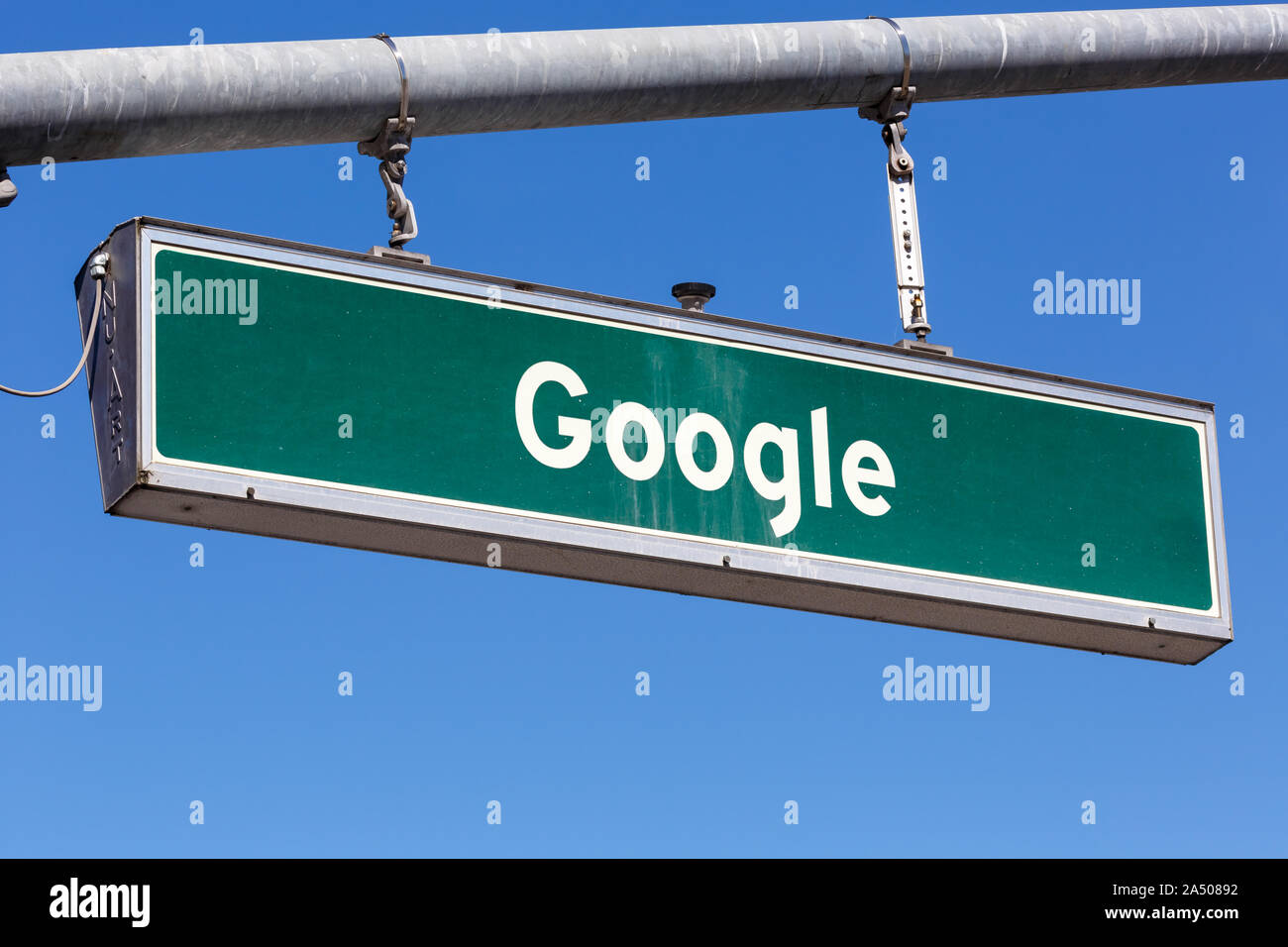 Mountain View, Kalifornien - 10. April 2019: Google street sign am Hauptsitz Hauptsitz in Mountain View, Kalifornien. Stockfoto