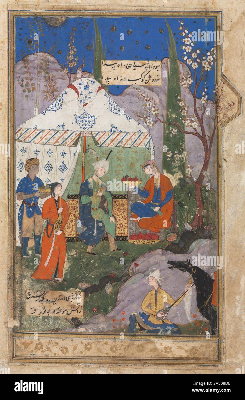 Bankett- Szene mit Khusrau und Shirin, aus einem khamsa (Quintett) von Nizami (1141-1209), 1540-70. Die khamsa ist eine Sammlung von fünf narrativen Gedichte, von denen einer auf die Romantik der Khusrau Parviz (590-628), eine vor-islamische König von Iran gewidmet ist, und Shirin, seine geliebten Armenischen Prinzessin. Khusrau &#x2019;s Turban hat die anachronistische Baton durch Safawidischen Lizenzgebühren und die Reiher Feder abgenutzt, ein Emblem des Adels, die von den Mongolen in den 1200s eingeleitet werden. Hier die Liebhaber sind, bevor ein Zelt in einer idyllischen Landschaft bei Nacht, gekennzeichnet durch den dunkelblauen Himmel voller Sterne, bemalt mit jetzt Tarn sitzt Stockfoto