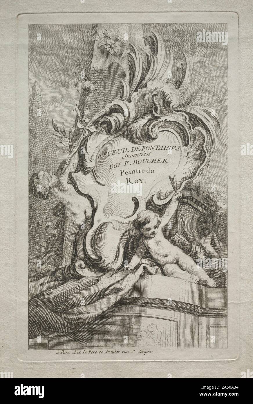 Buch der Brunnen: Nr. 1, Titelseite, C. 1736. Boucher war einer der produktivsten Designer des Ornaments wird gedruckt. Mit ihrer aquatischen Motive und anmutig geschwungenen und die muschelförmigen Formen, diese Designs für fantastische, auch bizarre Brunnen perfekt illustrieren die whimsical Rokoko Ansatz. Von dem französischen Wort für Shell, Rocaille abgeleitet, das Rokoko war ein leichten, verspielten Stil mit shell Motive (die zum Teil auf eine vogue für Muscheln sammeln stammte), naturalistischen Kurven, Schriftrollen gefüllt, und Pflanze bildet. Stockfoto