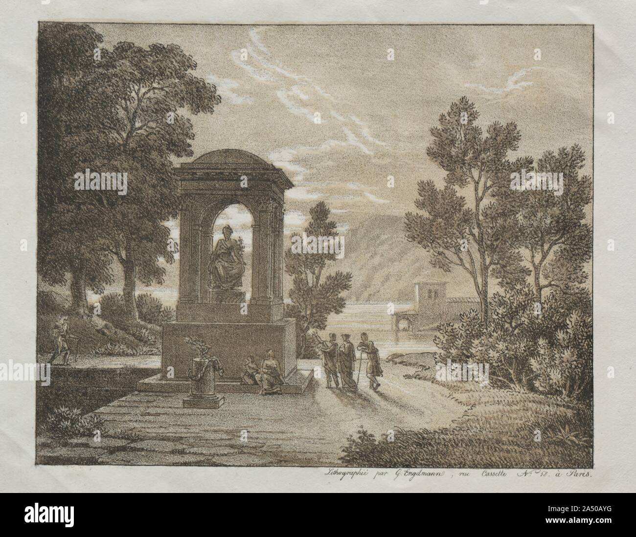 Buch der Lithographie Studien mit anderen Mitteln der Zeichnung wie Buntstift, Stift, Pinsel, und Waschen: eine Landschaft, C. 1816. 1816 Engelmann gründete eine der ersten lithographischen Werkstätten in Frankreich. Dieses Buch wurde veröffentlicht die Vielseitigkeit der Lithografie zu illustrieren, wahrscheinlich als Versuch der Interesse Künstler im Medium. Während eine Landschaft demonstriert die Verwendung einer Ton-Platte hier in Ocker gedruckt - zu verwirklichen, einen farbigen Hintergrund, andere Seiten zeigen, wie Lithographie nachmachen können, holzstich oder verwendet werden, um eine detaillierte Karte zu zeichnen. Stockfoto