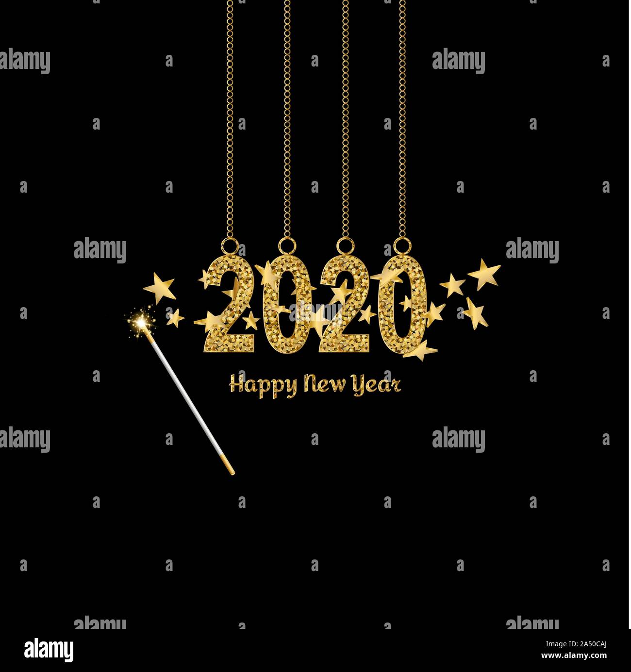Frohes Neues Jahr gold Nummer 2020. Helle golden Design mit Glanz und Zauberstab mit 3d-Sterne. Urlaub glitter Typografie für Weihnachten banner Stock Vektor