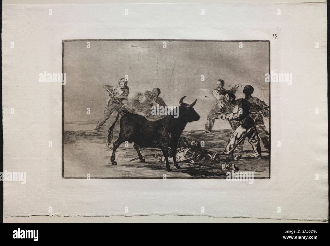 Stierkämpfe: Das Gesindel lähmenden Schulkampf der Stier mit Lanzen, Sicheln, Banderilla-spieund andere Arme, 1876. Stockfoto