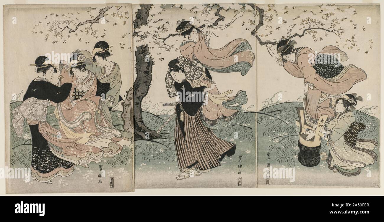 Kirschblüten im Wind, Ende der 1790er Jahre. Hoch angesehen für seine Bilder von Schauspielern, Toyokuni war auch für seine Drucke von Schönheiten bekannt, dass Seine geniale Fähigkeit in der Zusammensetzung zeigen. Dieses Triptychon zeigt eine freudige Hanami (Blume) Szene im Frühjahr. Eine Frau steht auf einem riesigen weinflasche, während ein anderer sitzt auf einem Samurai &#x2019;s Schulter; in beiden Szenen, die Frauen sind Binden, Gebete oder Gedichte auf Ästen. Auf der linken Seite, zwei Diener schützen eine gut gekleidete Dame aus dem Wind. Ihre flatternden, Langarm Kimonos fangen den Wind &#x2019;s Bewegung. In der Triade, die drei Stockfoto