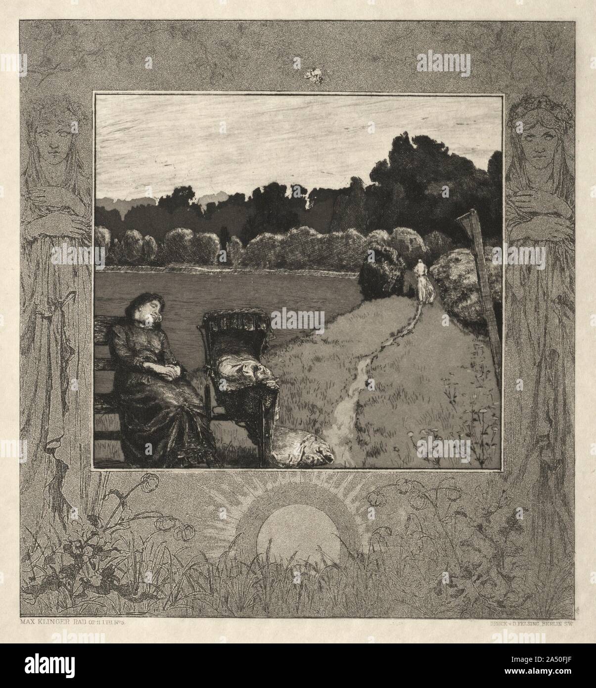 Kind, von Tod, Teil I, Opus XI (Art, vom Tode, erster Teil, Opus XI), 1889. In dieser, der fünfte in Klinger &#x2019;s-Serie auf Tod, Teil Eins, der Tod tritt in einer scheinbar friedlichen Landschaft. In einer großen Wiese, die von Wäldern umgeben, ein Kindermädchen hat schläft auf einer Bank gefallen. Neben ihr ist ein Kinderwagen, darunter liegt gefallen Betten. Auf einem Pfad in der Ferne, in die Dunkelheit des Waldes, Tod führt das Kind entfernt, Toten als Folge der fallen. Stockfoto