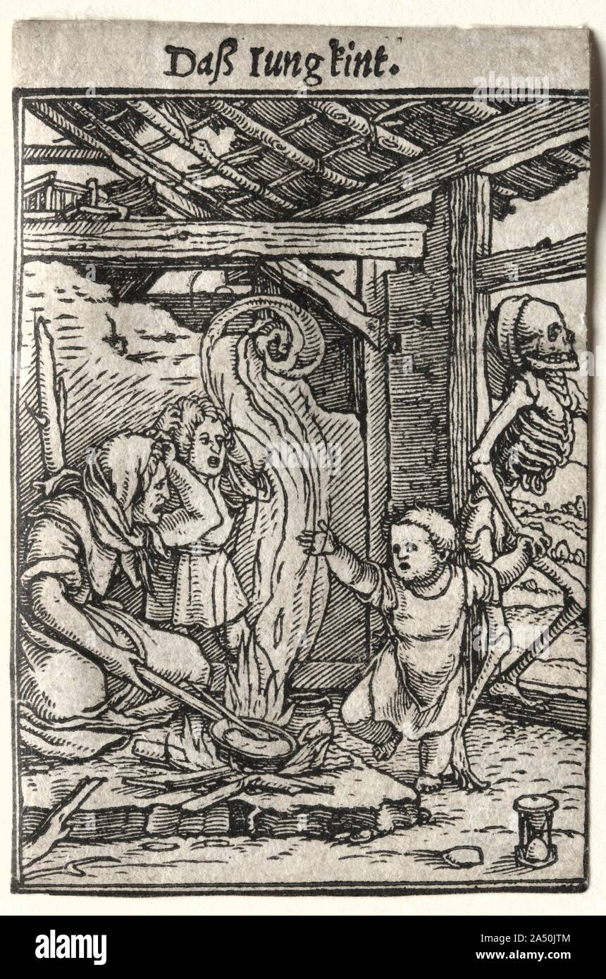 Tanz des Todes: Das Kind, C. 1526. Tanz des Todes ist der am meisten gefeierten Serie von Holzschnitten von Holbein. Die 41 Blöcke wurden von Hans L Cut &#xfc; tzelburger in den Jahren unmittelbar vor seinem Tod im Jahre 1526, obwohl der Satz wurde erst 1538 veröffentlicht. Tanz des Todes entstand als ein Drama in der Mitte des 14. Jahrhunderts. Folgende weit verbreitete Epidemien wie die Pest, diese Stücke fand in einem Friedhof oder Kirchhof. Akteure, die in blassen Kostüme malte Skelette zu ähneln, der personifizierte Tod gekleidet und berief eine Gruppe von Menschen aus allen sozialen Schichten in einer tänzerischen p Stockfoto