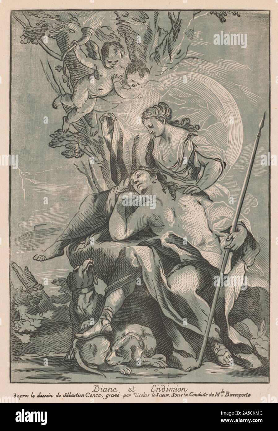Diana und Endymion. Hell-dunkel-Zeichnungen wurden auf Papier farbig ein mittlerer Ton ausgeführt. Während schwarz oder braun Waschen wurde verwendet, um Schatten, weiß aquarell gouache (opak) für Highlights verwendet wurde. Im frühen 16. Jahrhundert, deutscher Grafiker eine Methode entwickelt, um ähnliche Effekte mittels Holzschnitt erreichen. Die Umrisse des Bildes ist in Schwarz von einem Block Holz gedruckt, der Schatten von einem zweiten Block in einer Farbe gedruckt werden. Von Diana und Endymion, zwei Blöcke wurden verwendet, um zwei Schattierungen von Grün zu drucken. Die weissen, unbedruckten Bereichen des Papiers dienen als Highlights. Die Technik der ch Stockfoto