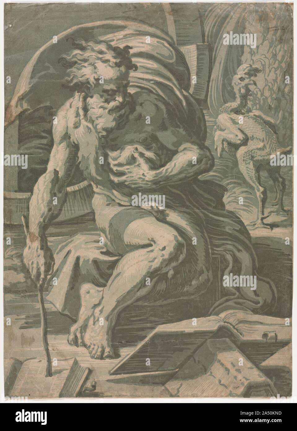 Diogenes, C. 1524-1527. Diogenes war ein griechischer Philosoph, der während der 300 Jahre v. Chr. gelebt. Der Vogel im Hintergrund spielt auf seine zynische Antwort auf Plato, der Mensch als Featherless biped beschrieben hatte. Diogenes Gerupft ein Hahn und brachte es zu Plato &#x2019;s Schule und rief: "Hier ist Plato &#x2019;s Mann!" Ugo da Carpi war einflussreich in der Entwicklung der Hell-dunkel Holzschnitt in Italien. Der Begriff Helldunkel verbindet die Italienische Wörter Chiaro Scuro (Licht) und (dunkel). Erfunden Zeichnungen mit hellen und dunklen Pigmente auf getöntem Papier zu emulieren, das Drucken Technik verwendet Multi Stockfoto