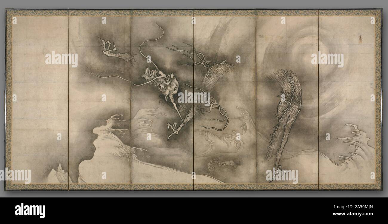 Drachen, 1500. Dieser Bildschirm mit einem Drachen und seine Paar mit einem Tiger zusammen stellen die Elemente Wasser und Wind in der chinesischen Kosmologie: Der Drache &#x2019;s wirbelnden Form zaubert Regen Wolken, und der Tiger verkörpert den Wind &#x2019;s schrecklich, unberechenbaren Kraft. Ehemalige CMA Direktor Sherman Lee fand in Sesson &#x2019;s Gemälde Andeutungen eines sich entwickelnden im japanischen Stil deutlich vom Chinesischen Vorgängern. Hier, Parodie und Muster stehen im Vordergrund. Die gewaltige, beeindruckende Tiger nimmt auf das Verhalten eines neugierig Hauskatze, und einmal - wütender Drache &#x2019;s Gesicht morphs in einem od Stockfoto