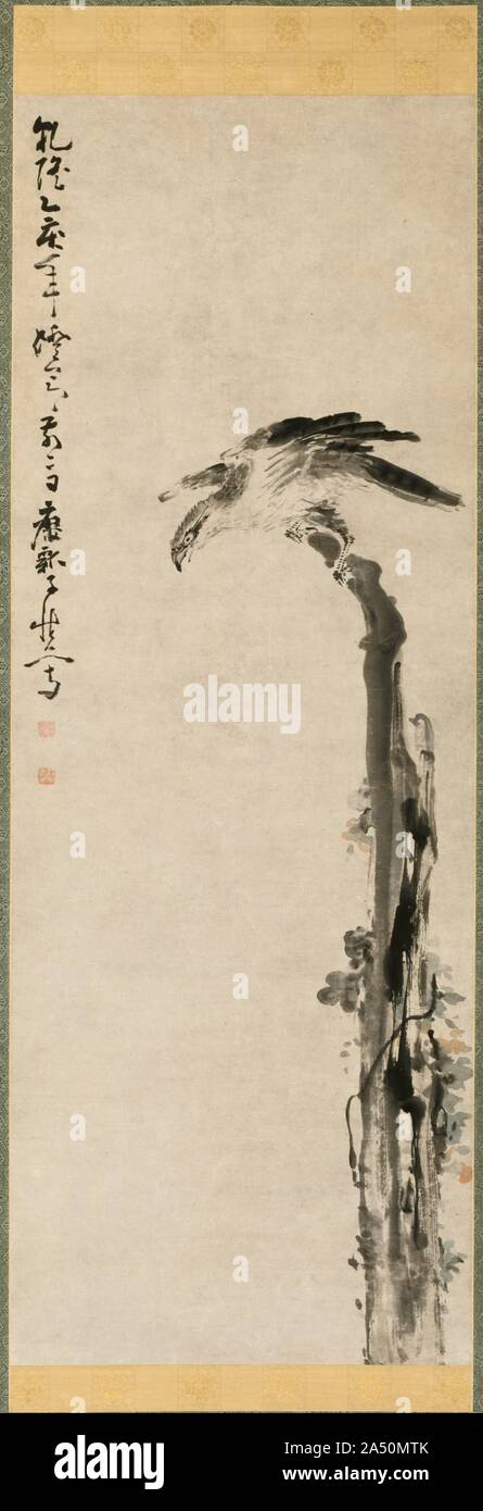 Adler auf einem Baumstamm, 1755. Huang Shen &#x2019;s swift Malweise ist in seinem Schreiben zum Ausdruck. Während die vertikale Linie in laufende Skript stil Kalligraphie (caoshu) Gegengewichte der Adler auf einem Baumstamm, der Weinstock seinen Weg nach oben Verdrehen setzt die Beherrschung der Pinselführung, erstellen eine hervorragende Komposition. Die Darstellung der Adler ist außergewöhnlich in seiner Arbeit. Ein Eingeborener von Fujian, Huang Shen kam nach Yangzhou 1724 seinen Lebensunterhalt als Maler in einer Stadt der reichen Kaufleute zu machen. Huang benötigt Jahre einen Stil, den Geschmack seiner Kunden erfüllt zu entwickeln. Er wurde schließlich als Abbildung pa bekannt Stockfoto